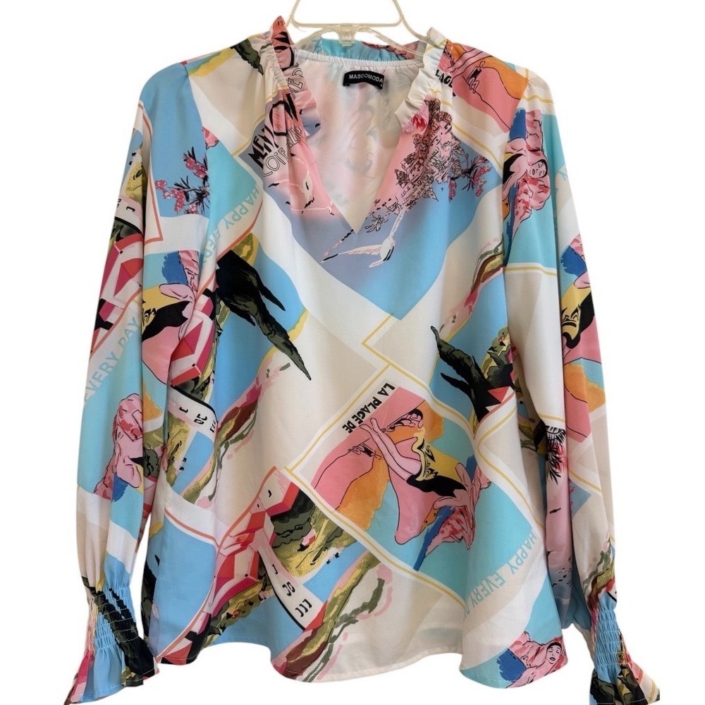 Mascomoda Women French Riviera Postcard Print V-Neck Blouse Blue Pink Medium